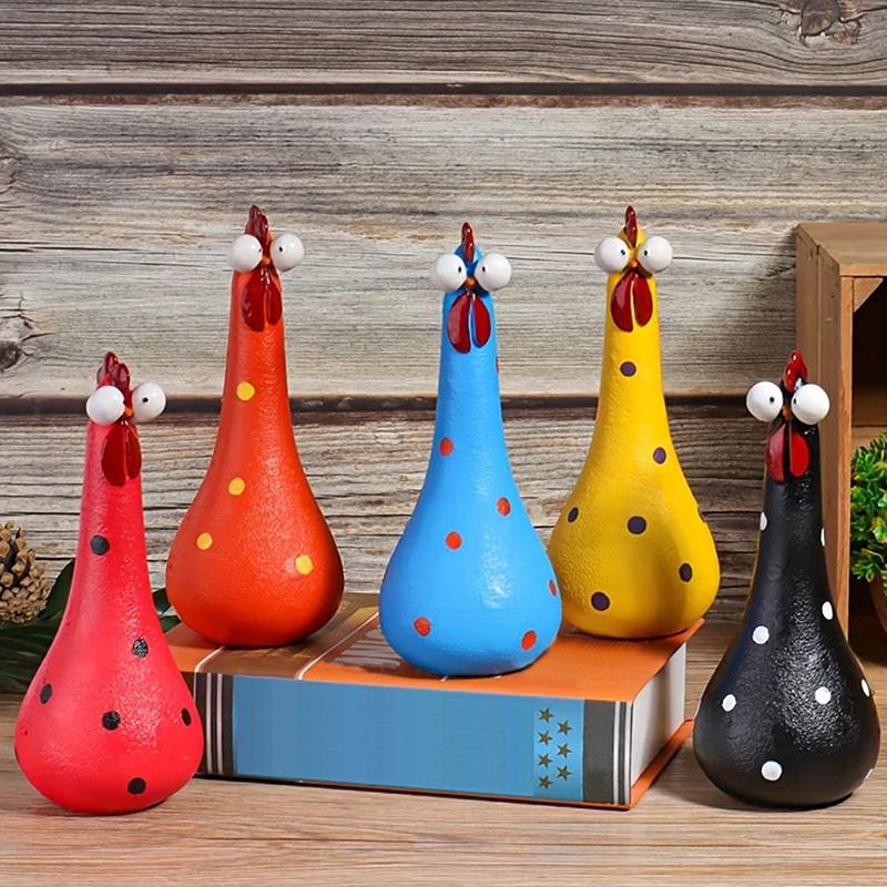 Skurrile Hühnerfigur mit großen Augen Bunte Polka-Dot-Harzstatue Hühnchen mit langen Beinen, das Heilung und Freude ausdrückt Gartenhof-Dekoration