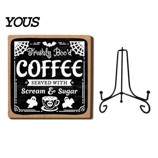 Decorative Signs with Metal Stands Halloween Coffee Bar Wooden Sign Iron Display Stand for Corner Kitchen Station Accessories Tabletop Decor,
