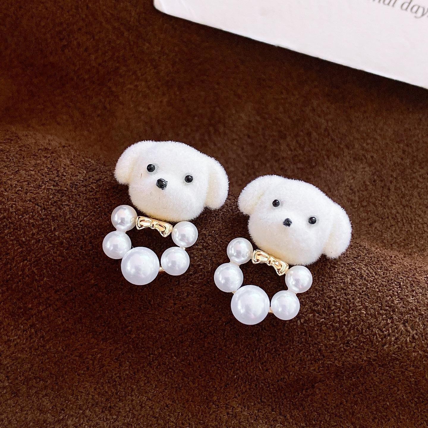 Sweet and cute zircon flocked bear pearl earrings stud earrings exquisite earrings women