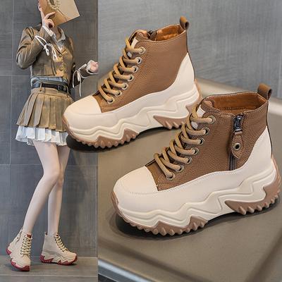 Autumn and Winter New Thick-soled 7cm Height-increasing Casual Women's Cotton Shoes Trendy Short Boots Lace-up Zipper High-top Women's Shoes