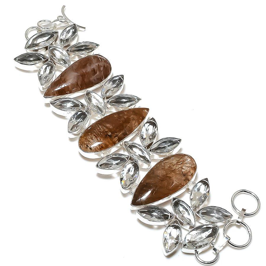 

Браслет из стерлингового серебра 925 пробы с натуральным золотым рутилом и топазом, 7–8 дюймов v9I86