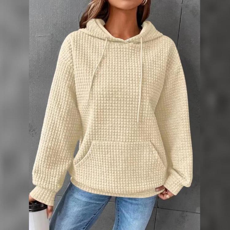 Solid Color Women Long Sleeve Pullover Hoodie with Pocket Plaid Round Neck