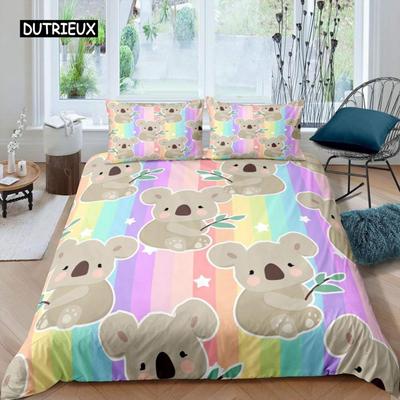 Cartoon Koala Duvet Cover Set Rainbow Strip Background Cute Koala Print Bedding Set King Size 2/3pcs Animal Theme Quilt Cover