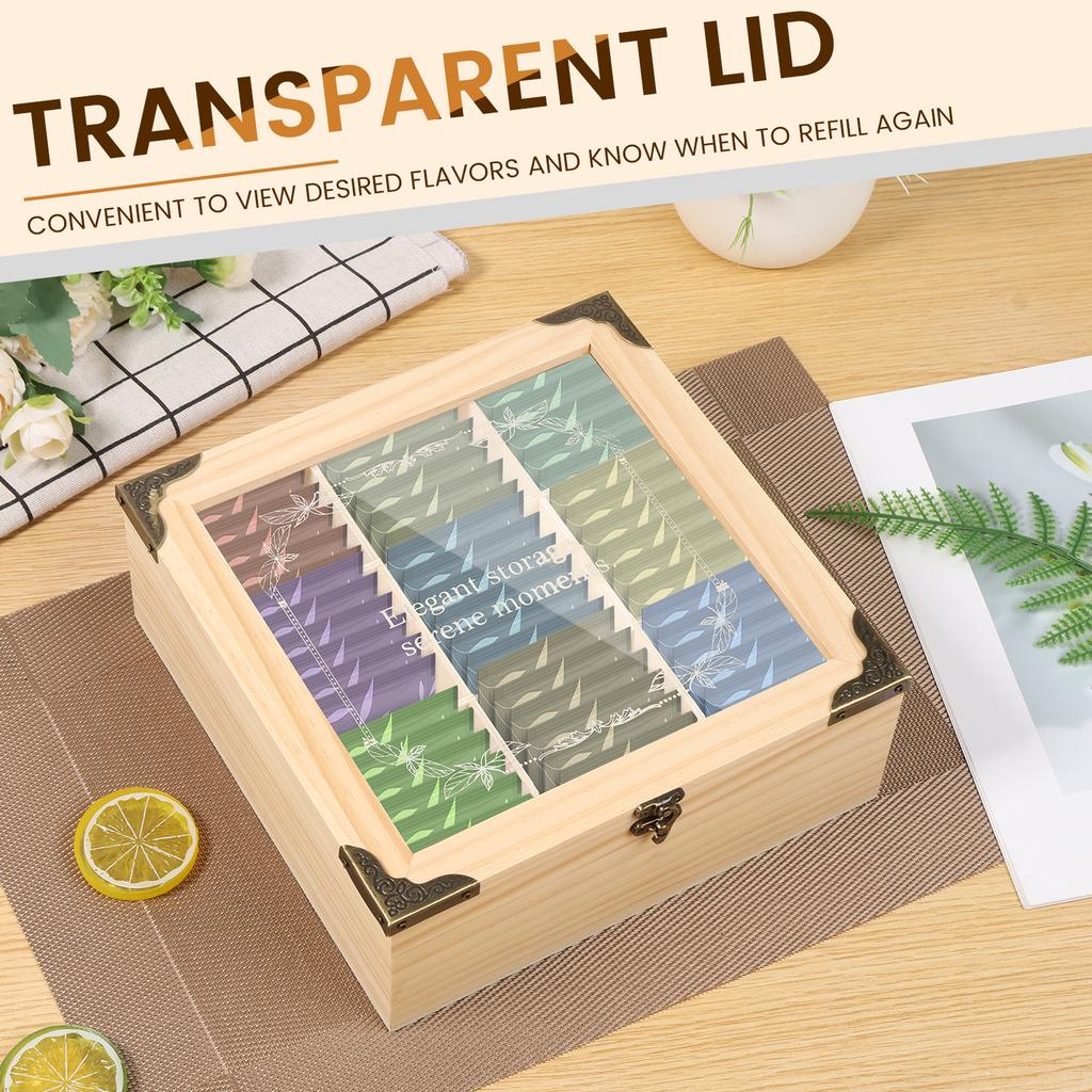 9 Grids Wooden Coffee tea sugar Bag Storage Box Clear Window Lid Sorting Tea Bag Organizer box Office Kitchen Cabinet Organzier