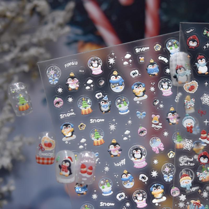 1Sheet Snowflake Penguin Sticker For Nails Cute Crystal Ball Lace Red Hat Star Bow Christmas Tree Nail Art Stickers Decoration