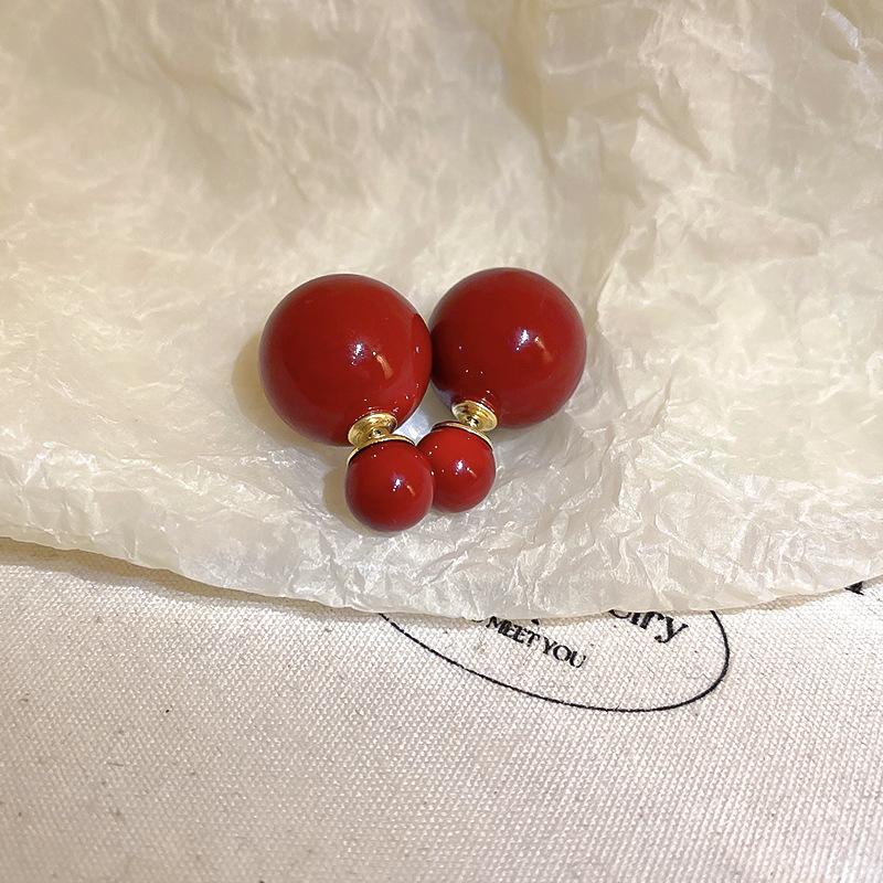 New Year's red drop oil imitation pearl geometric silver needle earrings, a two-wear temperament earring
