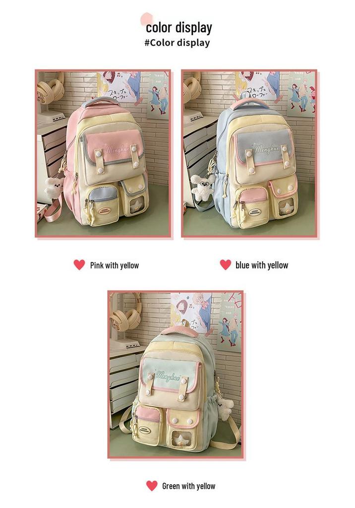 Cute Korean Style Color Block Backpack, Large Capacity for Junior & High School Girls, Laptop Compatible