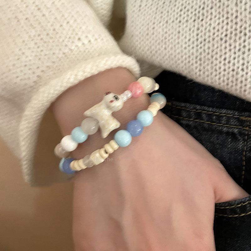 Women's Macaron Series Bracelet with Little Elephant and Ceramic Beads - Trendy Stretch Wristband