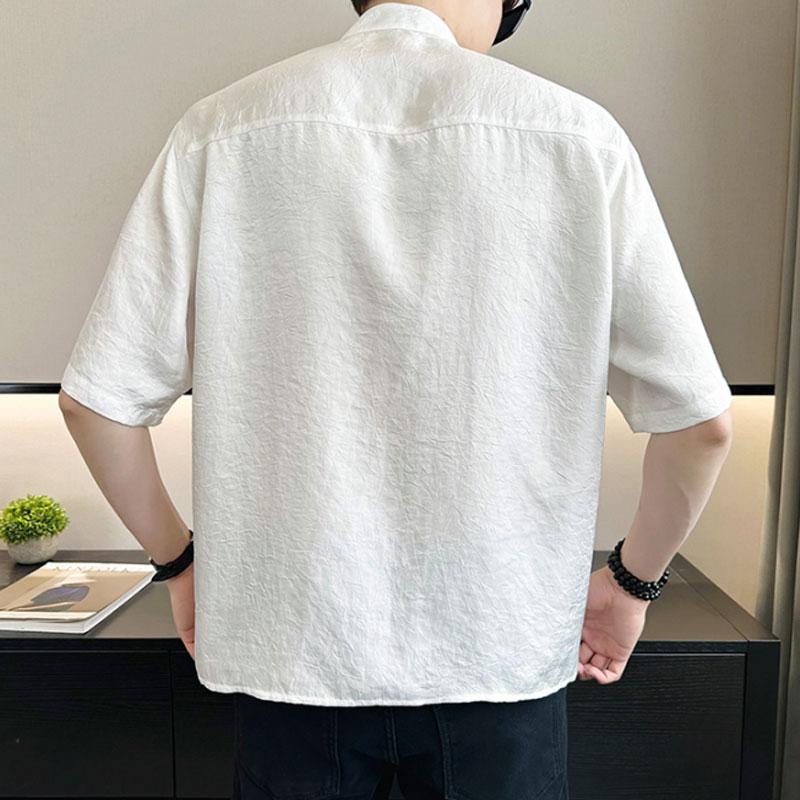 Summer Short Sleeve Shirts Stylish Floral Embroidery Men's Clothing All-match Chinese Style Stand Collar Vintage Button Shirts