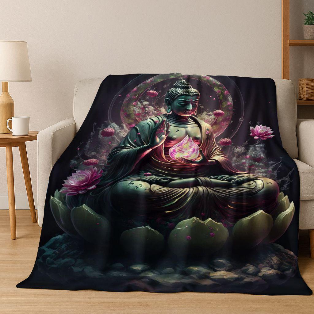 Faith Solemn Buddha Sakyamuni Flower Flannel Blanket,Cozy Soft Throw Blanket for Home Bedroom Bed Sofa Picnic Cover Gift Kids