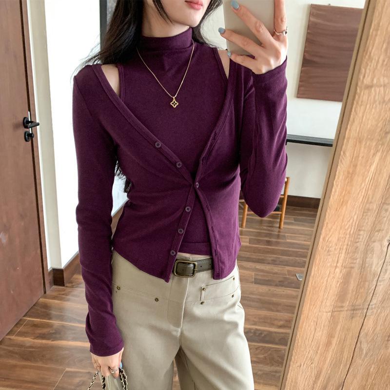 Designer High-Neck Sleeveless Cardigan & Slim Base Layer Set - Versatile Autumn/Winter Style