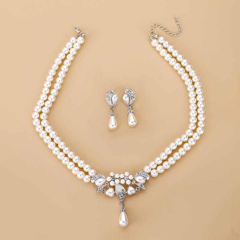 Fashion Imitation Pearl Necklace Two Layer Pearl Necklace Earrings Jewelry Beaded Necklace