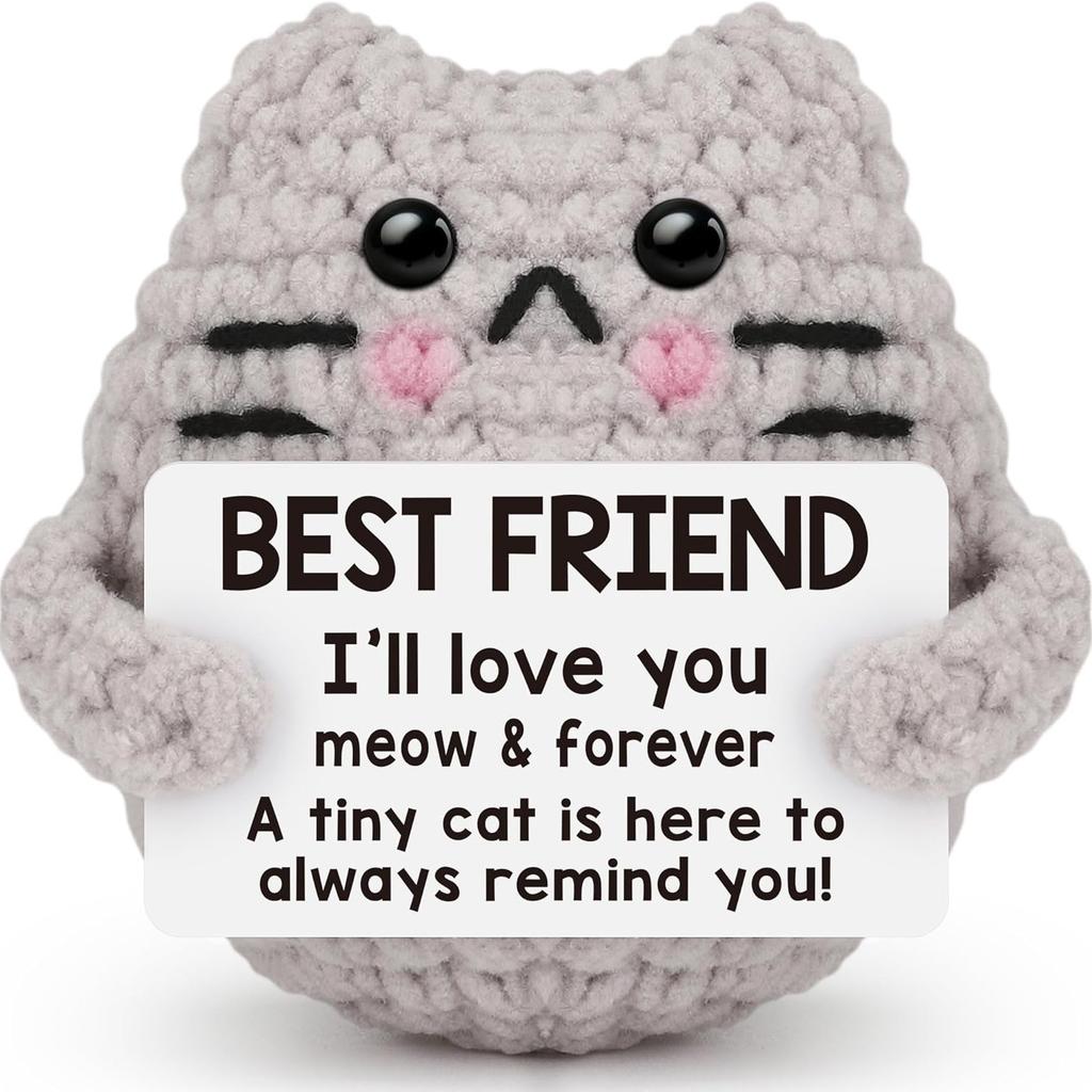 Handmade Knitted Cat Doll With Positive Card Home Room Decoration Funny Crochet Emotional Support Cat Ornament Christmas Gift