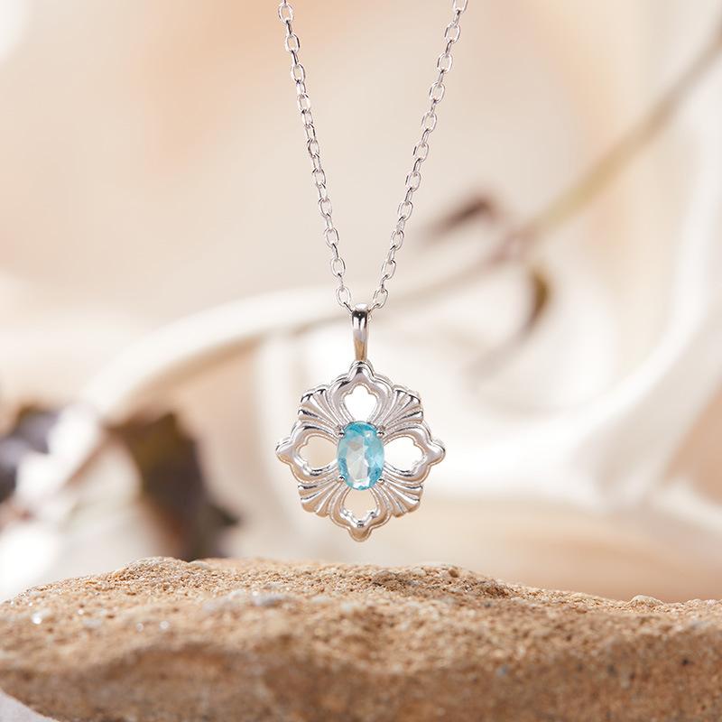 S925 Sterling Silver Natural Colored Treasure Necklace Women'S Niche Light Luxury High-End Set French Retro Brushed Collarbone Chain