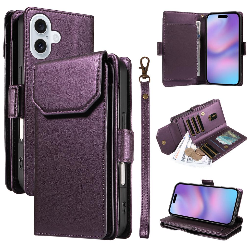 For iPhone 17 Case with Multi-Card Holder and Strap PU Leather Phone Cover Stand