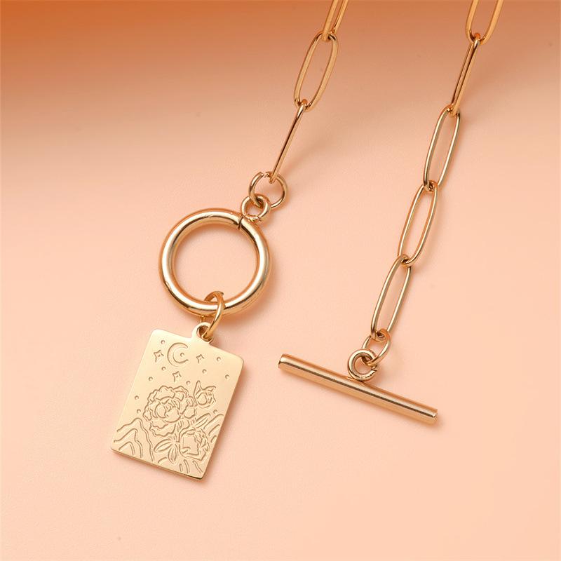 Stainless Steel Ot Buckle Square Brand Pendant Necklace, Star Moon Flower Necklace Sweater Chain