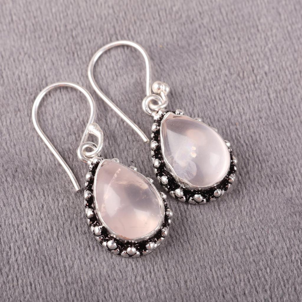 Rose Quartz Gemstone 925 Sterling Silver Jewelry Statement Hook Earrings 1.41" EE-97-23