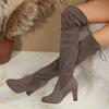 Elegant Grey Faux Suede Over-the-Knee Boots Woman Warm Plush Thigh High Botas Ladies Point Toe High Heel Lace-up Long Shoes