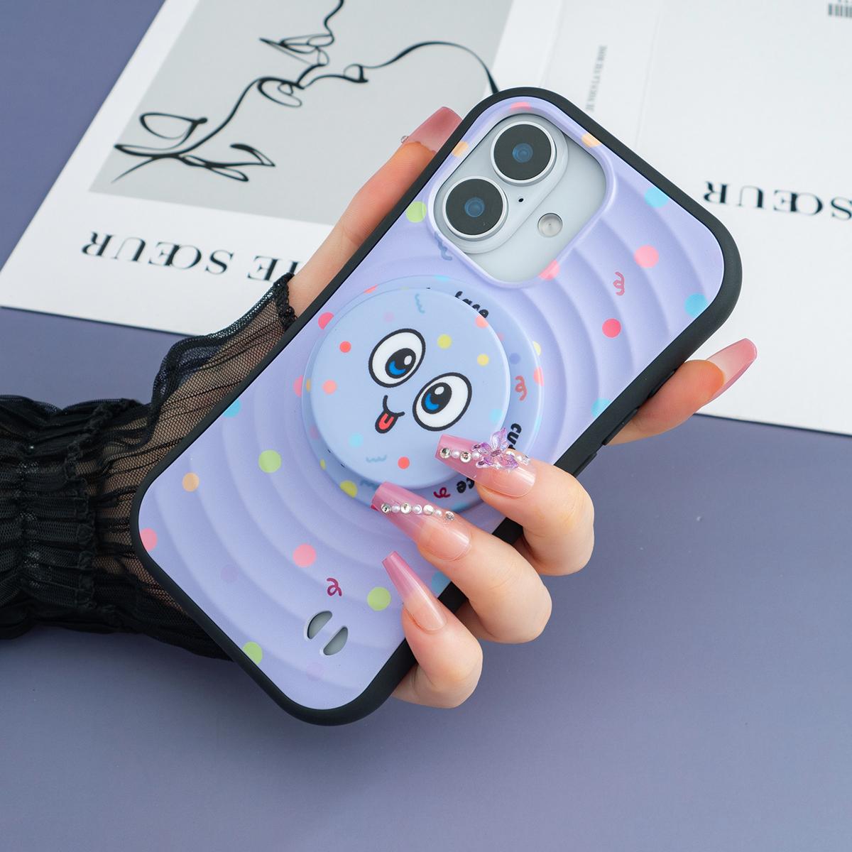 

Магнитный чехол с попсокетом для iPhone 16 Pro Max 15 14 Plus 13 12, устойчивый к падениям, противоударный, милый мультяшный смайлик iPhone 15 фиолетовый