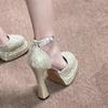 Beautiful Sequins Waterproof Table High Heels Women's 2025 Spring and Summer Thick Heels Not Tired Feet New Wedding Dress Bridal Shoes Wedding Shoes
