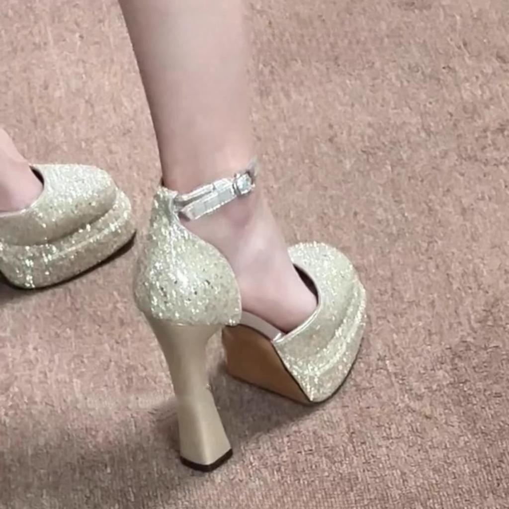 Beautiful Sequins Waterproof Table High Heels Women's 2025 Spring and Summer Thick Heels Not Tired Feet New Wedding Dress Bridal Shoes Wedding Shoes