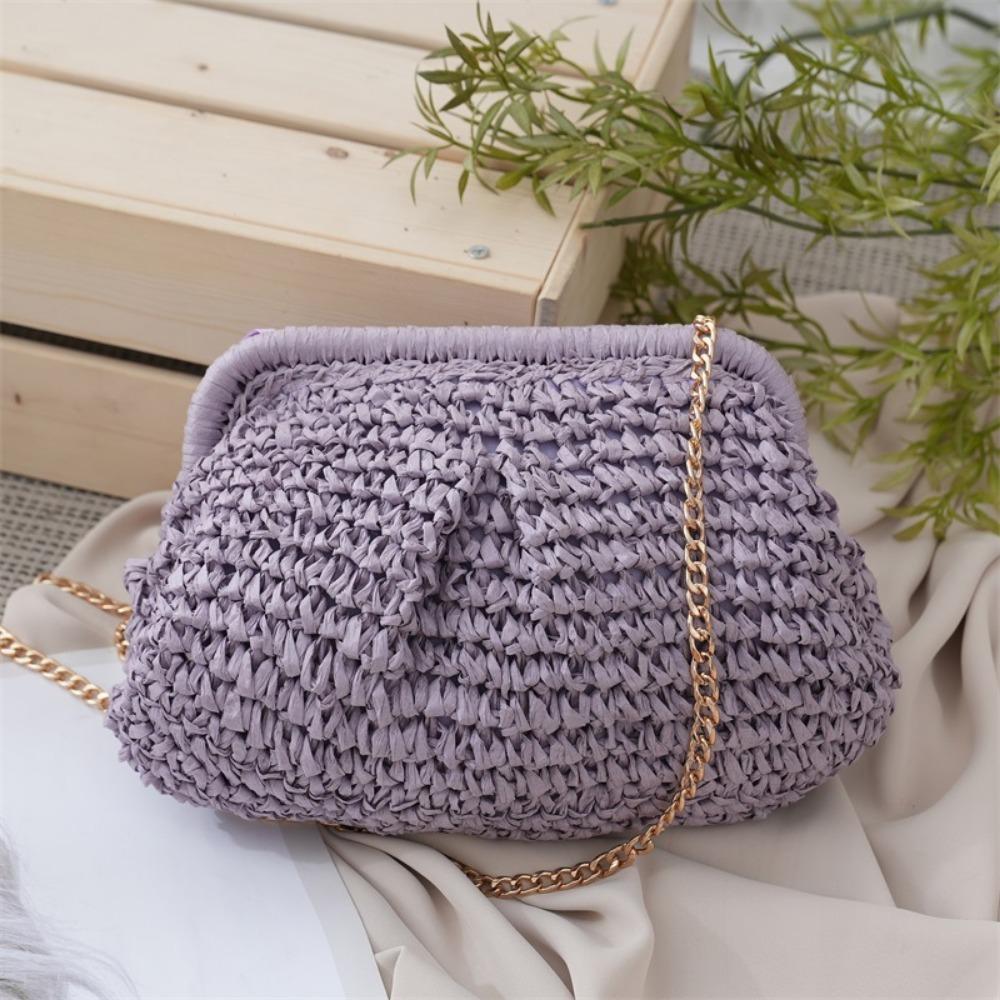 New Large Capacity Straw Woven Bag Solid Color Straw Weaving Straw Crossbody Handbag with Chain Strap Shoulder Bag Beach