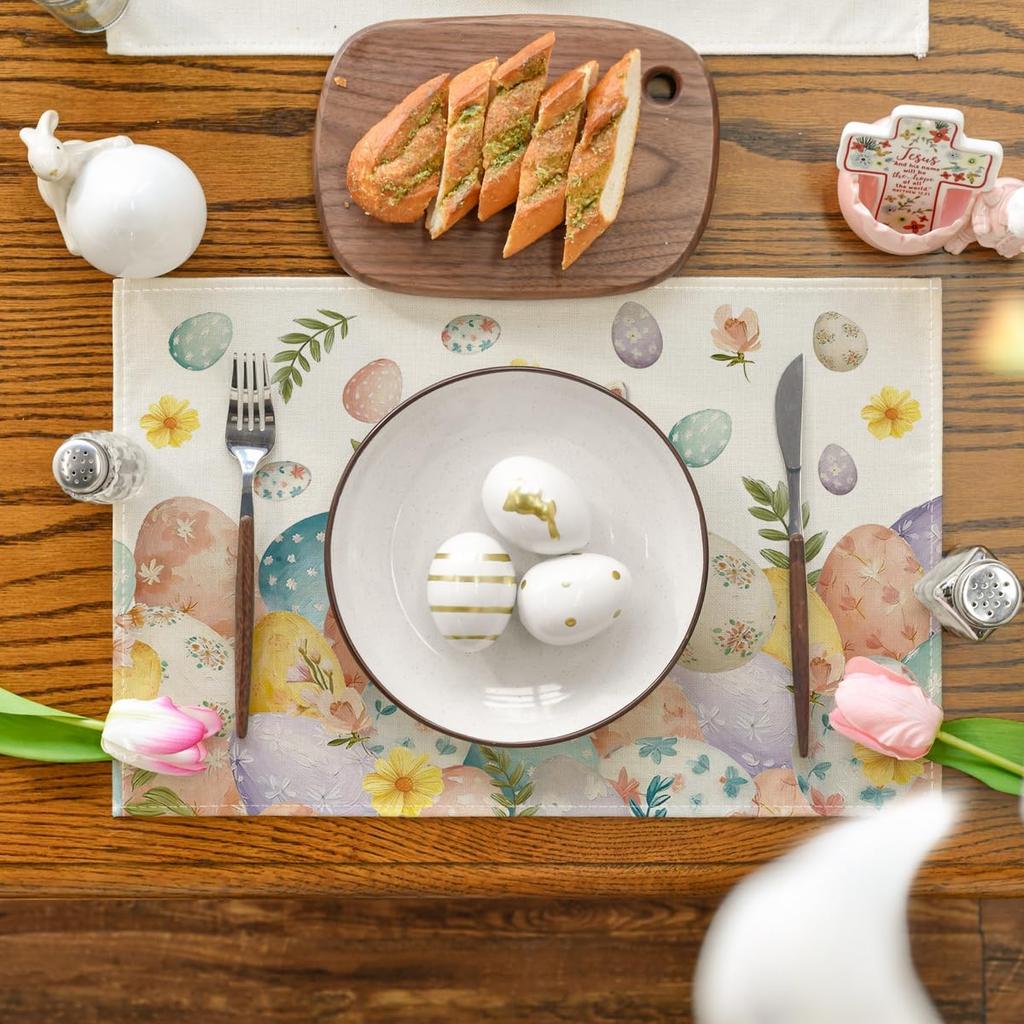4/6pcs Joyful Easter Bunny Eggs Leaves Flowers Table Mats, Seasonal Spring Holiday Dining Decor for Parties, 12X18 Inches
