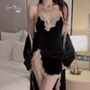 Women's Velvet Lace Warm Low Cut Sleep Dress with Robe Lounge Set