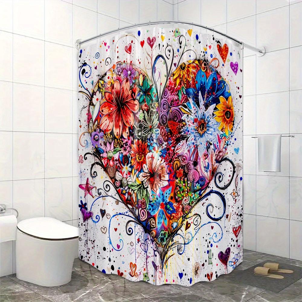 Colorful Heart With Flowers Waterproof Shower Curtain For Modern Bathroom Decor, Stylish And Durable, Perfect For Home Use