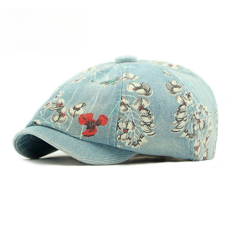 Vintage Floral Printed Denim Newsboy Hat Unisex Octagonal Baker Boy Cap Korean Beret Peaked Hat for Men Women