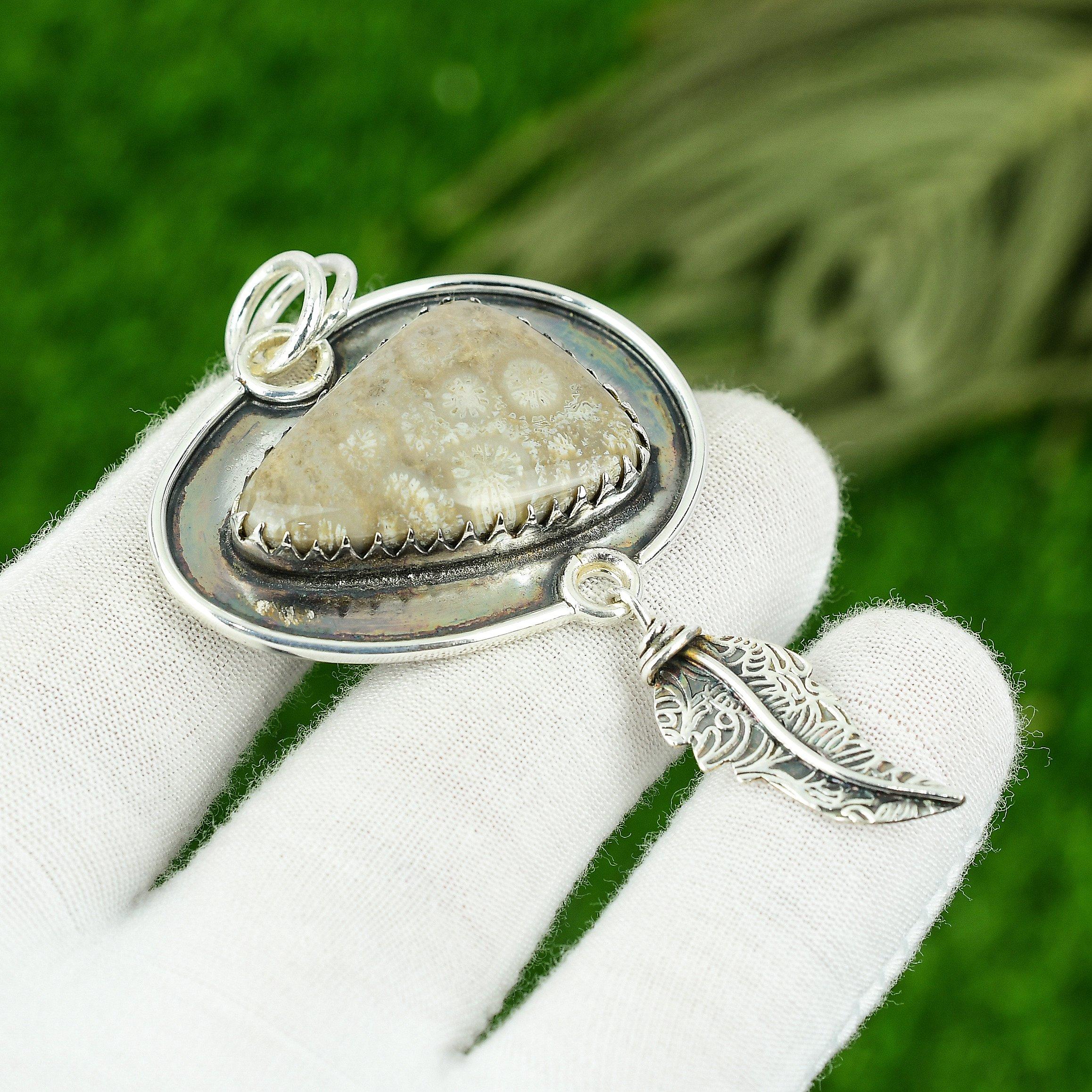 

Womens day Sale 925 Sterling Silver Fossil Coral Gemstone Mother Pendant Jewelry