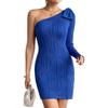 New One-shoulder Long-sleeved Sapphire Blue Pleated Hip Skirt, Off-shoulder Bow Sexy Dinner Dress