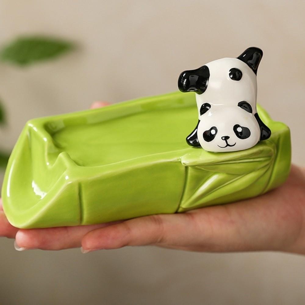 No Punching Ceramic Self Draining Soap Holder Bamboo Cute Panda Soap Dish with Drain Holes Creative Soap Tray Kitchen