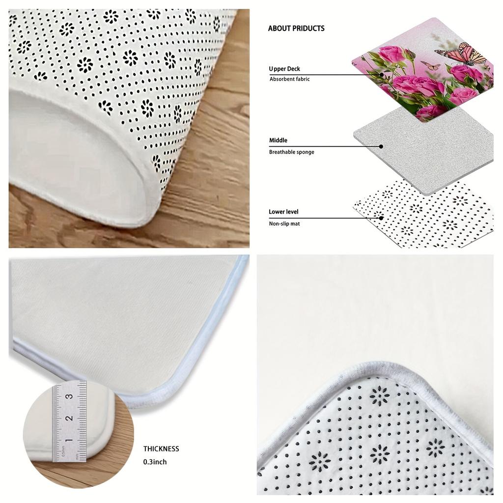 1Pcs Butterfly Flying On The Pink Rose Kitchen Rug Anti-Fatigue Kitchen Rug Waterproof Non-Slip Rugs Set Runner Rug Bedside Rug Absorbent Carpet