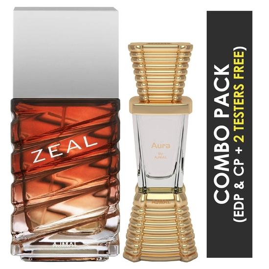 Ajmal Zeal EDP Parfum Aquatique Boisé 100ml pour Homme et Aura Huile de Parfum Concentrée Florale Fruitée Sans Alcool Attar 10ml pour Unisexe