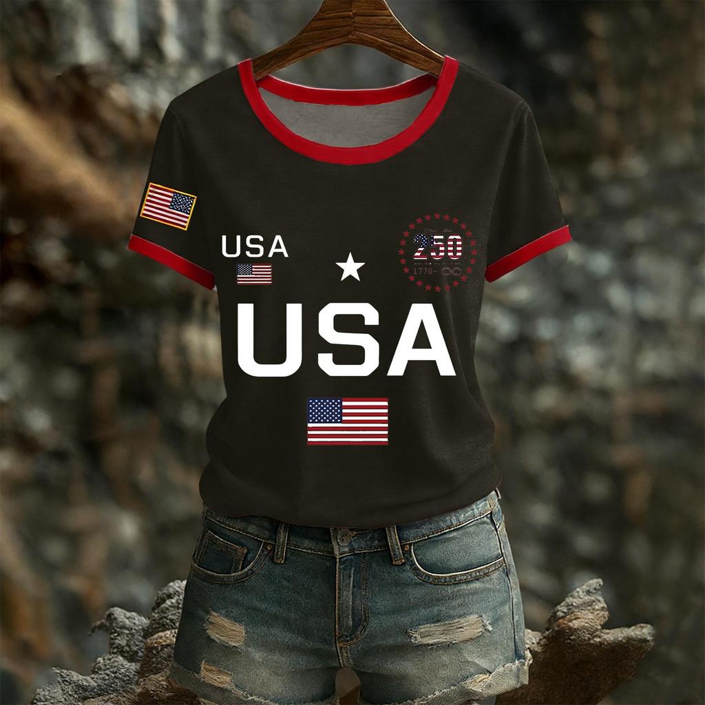 Women's Casual Round Neck Short Sleeve Pullover Printed T-Shirt Top