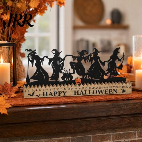 Halloween Office Decor Dancing Witch Countdown Table Ornament, Rustic Wooden Home Handcrafted Art for Party Centerpiece, Spooky Haunted House Tabletop
