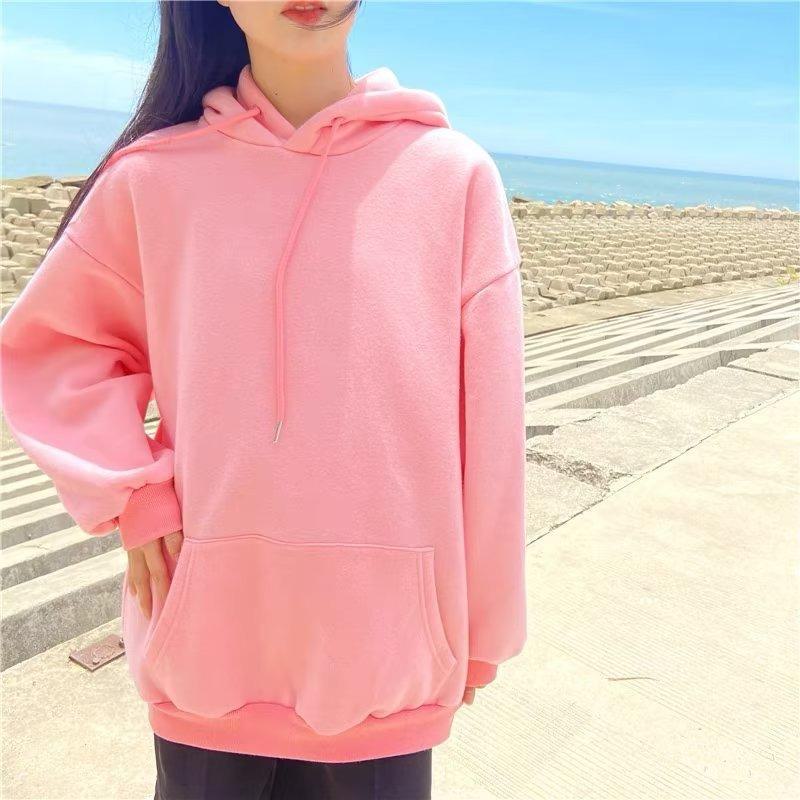 Hong Kong Style Men's Oversized Hooded Fleece Sweatshirt - Autumn/Winter Solid Color Pullover