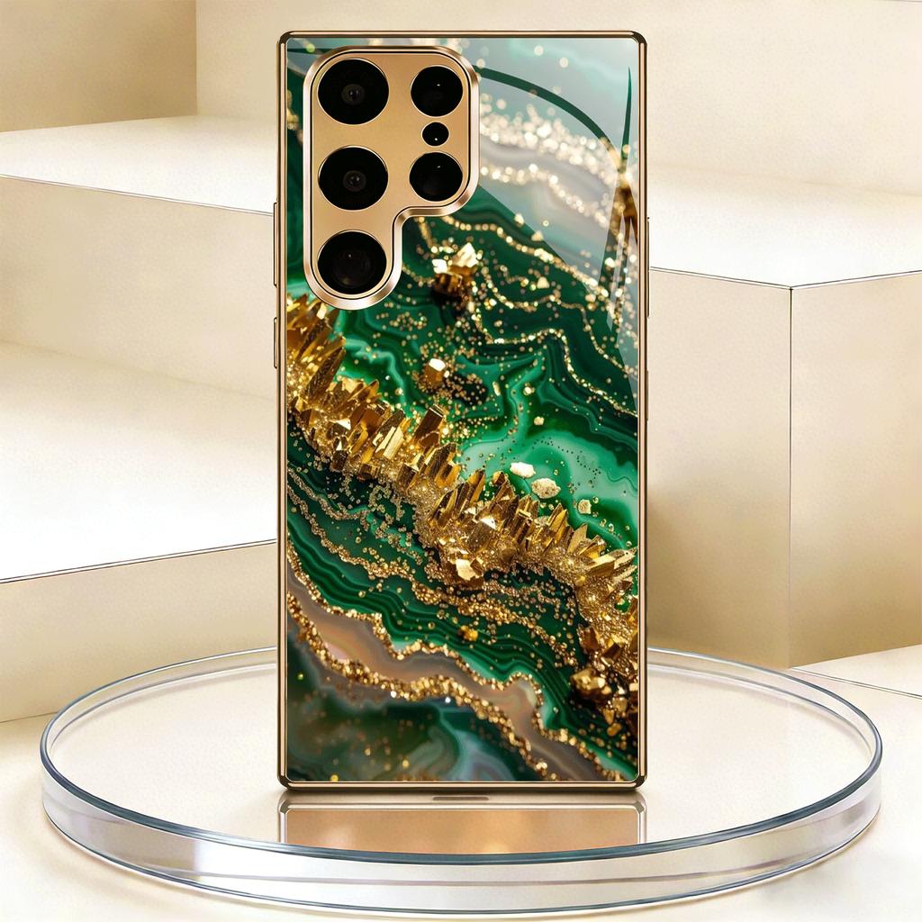 Gold-plated tempered glass phone case, compatible Galaxy S26 S25 S24 S23 S22 Ultra Plus. Features a green gold textured design.
