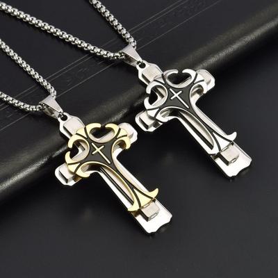 Men's Cross Pendant Necklace, Personalized Titanium Steel Layered Chain