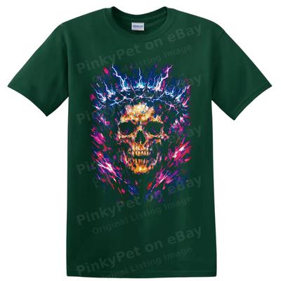 Skull Lightning Abstract Art T Shirt Gothic Neon Electric Graphic Tee Unisex