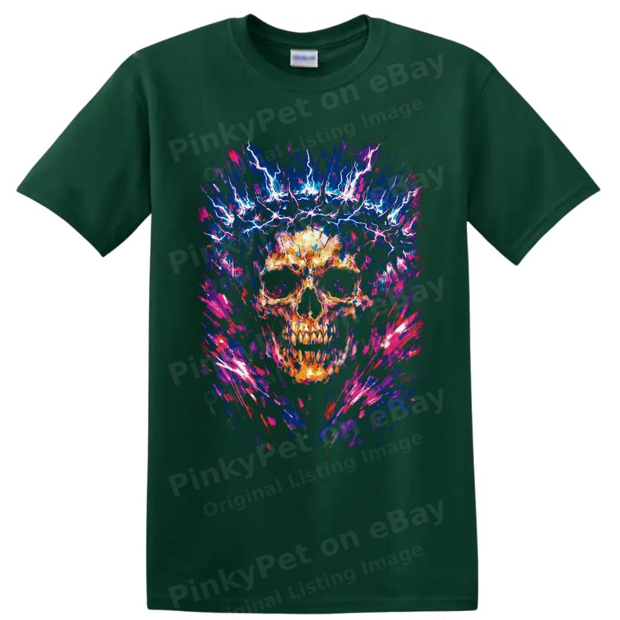 Skull Lightning Abstract Art T Shirt Gothic Neon Electric Graphic Tee Unisex