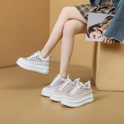 2024 Spring White Genuine Leather Wedge Heel Lace-Up Sneakers for Women