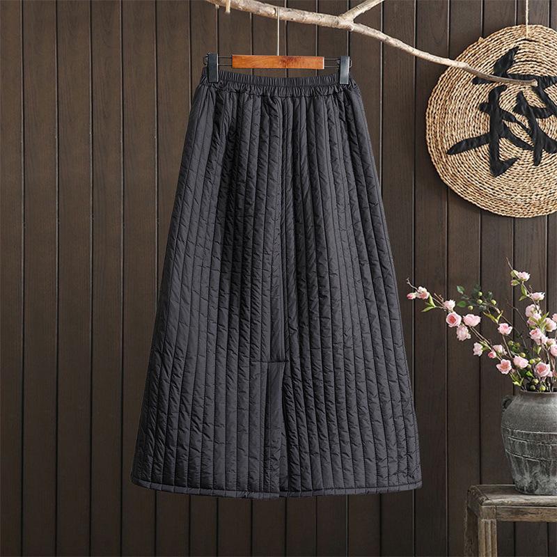 2025 Autumn/Winter Women's Striped Padded Half-Skirt: Elastic Waist, Solid Color A-Line Cotton Design.