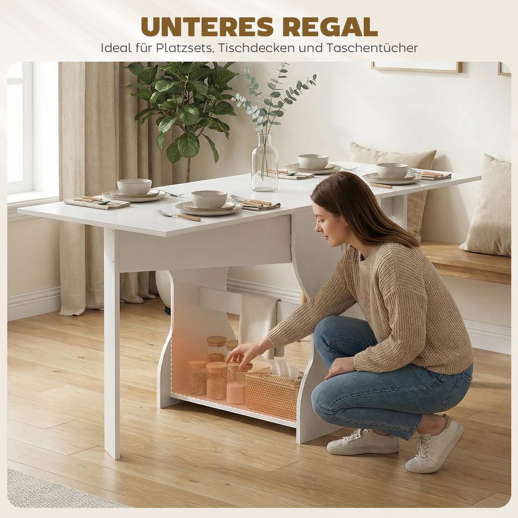 Dining Table Foldable Kitchen Table with Storage for 2-4 People Folding Table for Small Spaces Dining Room 160 x 60 x 75 cm White