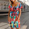 Women's Summer Casual Square Neck Pleated Front With Pocket Printed Short Sleeve Dresses