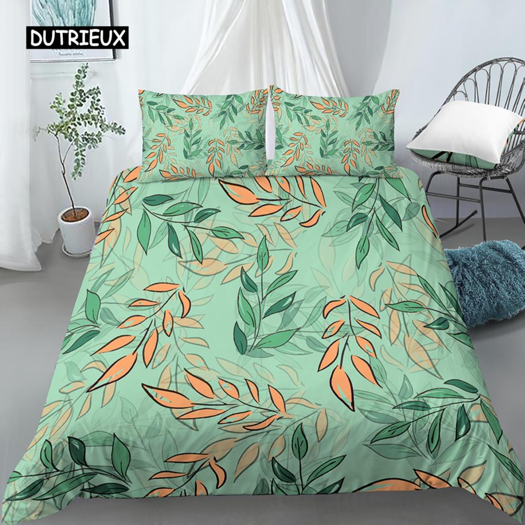 Blätter und Blumen Bettbezug-Set King Size Palmblätter Rosa Blumendruck Steppdeckenbezug für Mädchen Jungen Polyester 2/3-teiliges Bettwäscheset