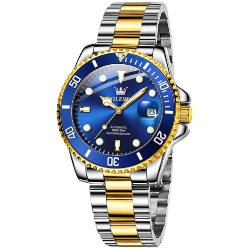 OLEVS Men's Blue Mechanical Watch, Automatic/Hand-Wound, Waterproof, Luminous, Date, Stainless Steel, Present