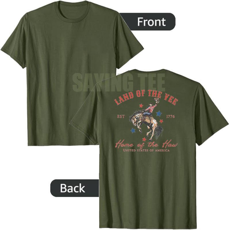 Land of The Yee Home of The Haw Cowboy Western 4th of July T-Shirt Funny Y2k Design Cow American Flag Graphic Outfit Saying Tee