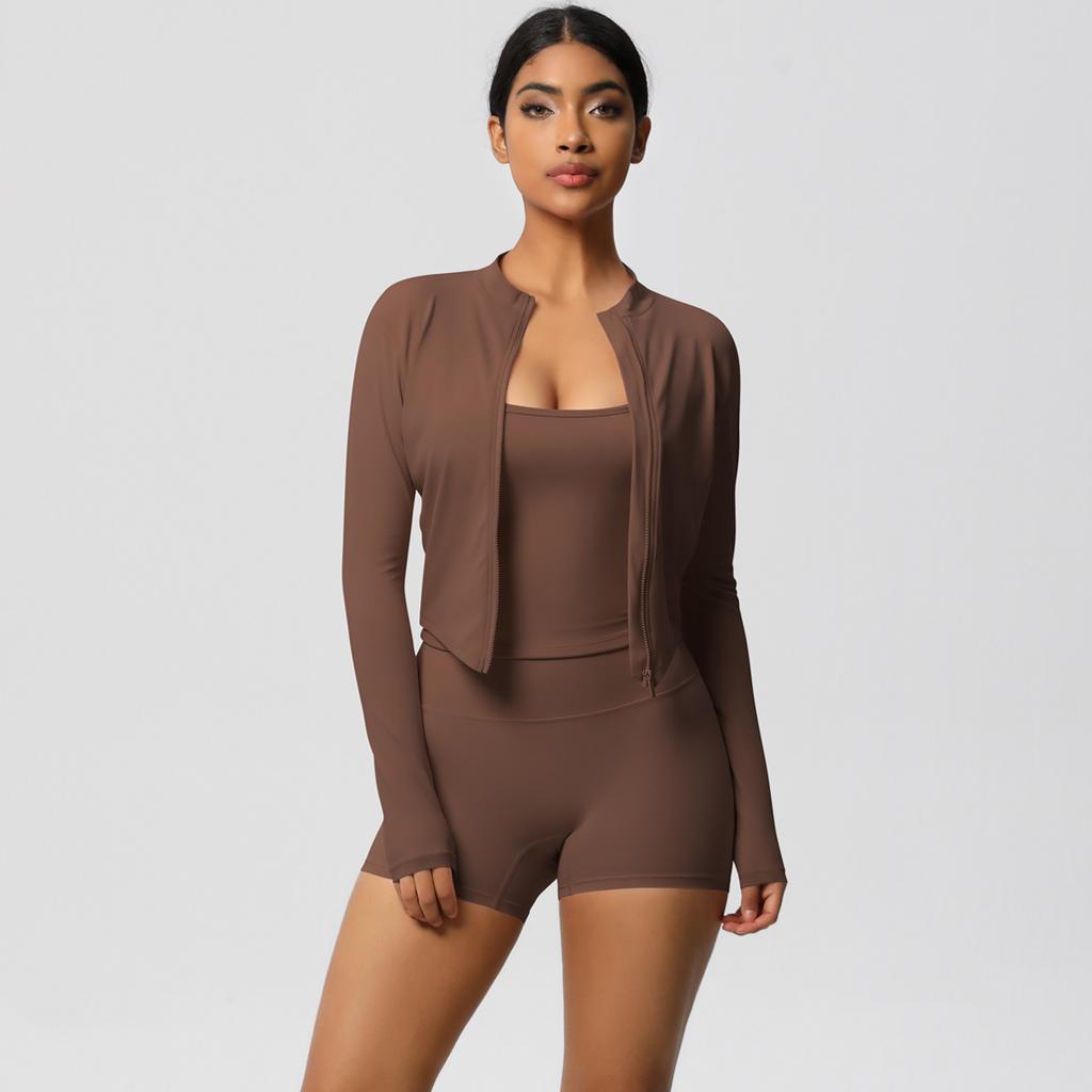 High Waisted Tight Fitting Sandblasting Yoga Suit, Naked Sensation Quick Drying Fitness Set, Outdoor Leisure Running Three Piece Set For Women